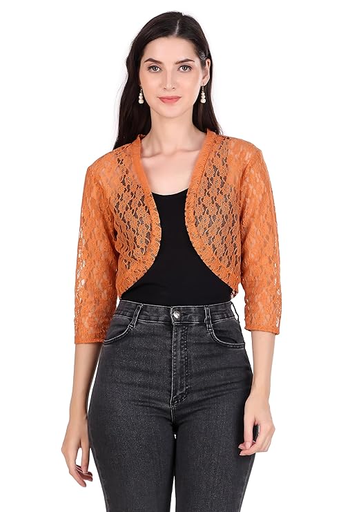 BoheeWohee Women's Floral Lace Short Sleeve Shrug- Orange