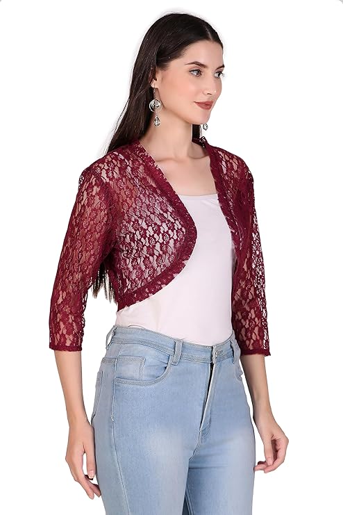 BoheeWohee Women's Floral Lace Short Sleeve Shrug- Aubergine