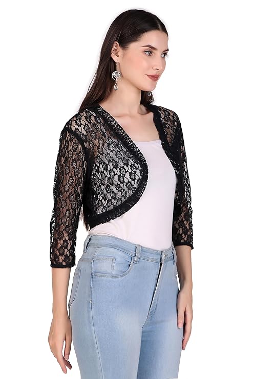 BoheeWohee Women's Floral Lace Short Sleeve Shrug- Black
