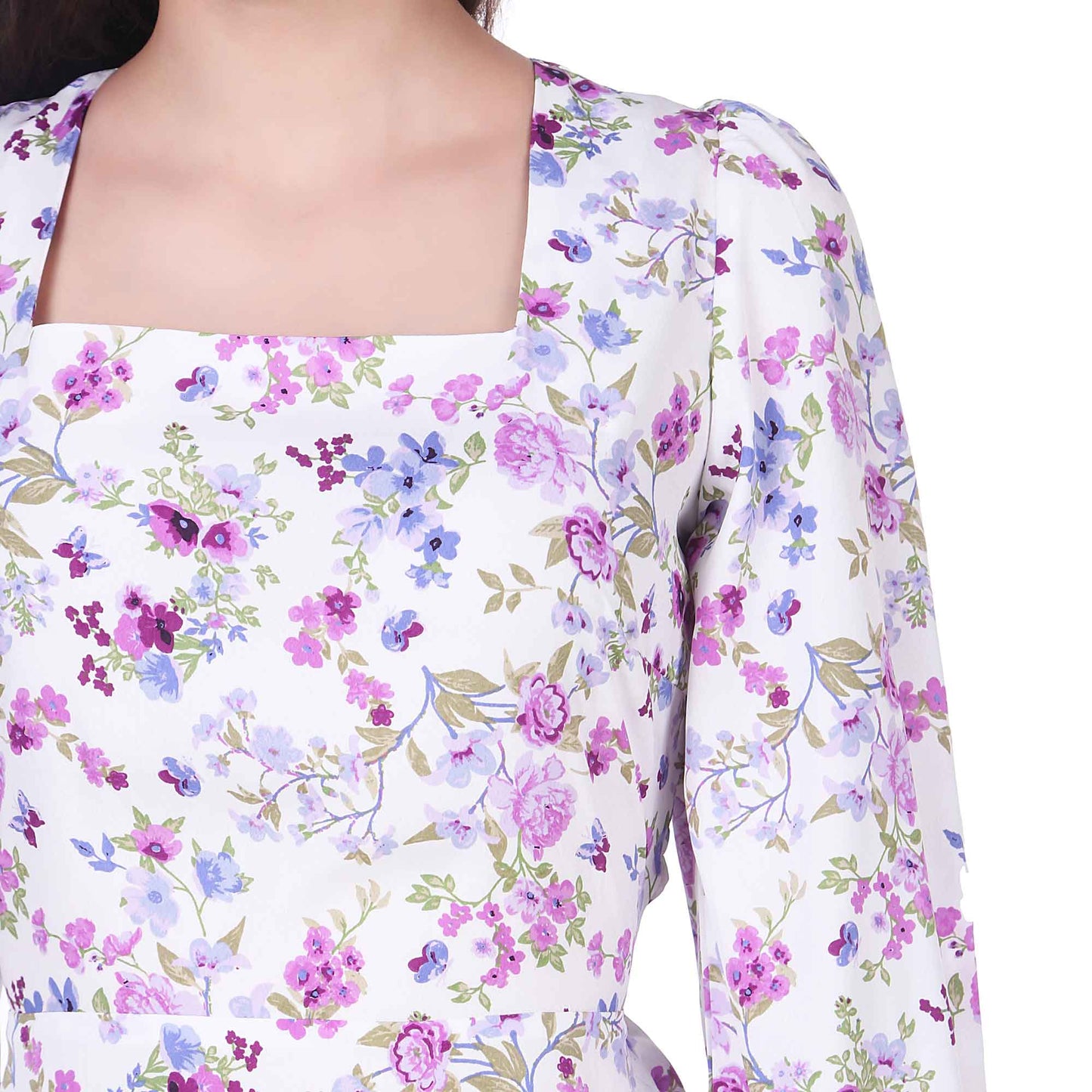 BoheeWohee Women's Mid-thigh Dress with Shirring Elastic Bottom Frill- White Floral