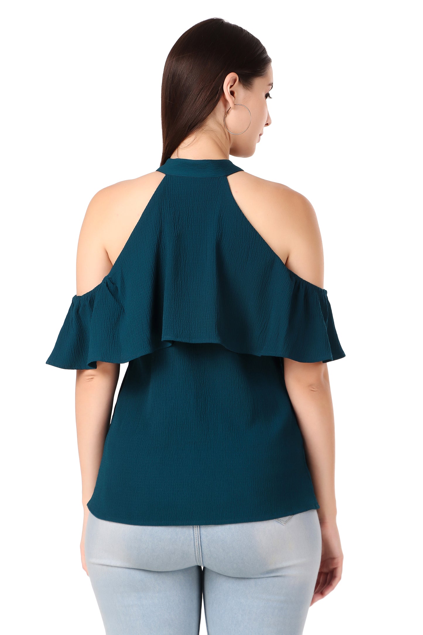 BoheeWohee Cold Shoulder Ruffle Casual Top- Deep Koamaru