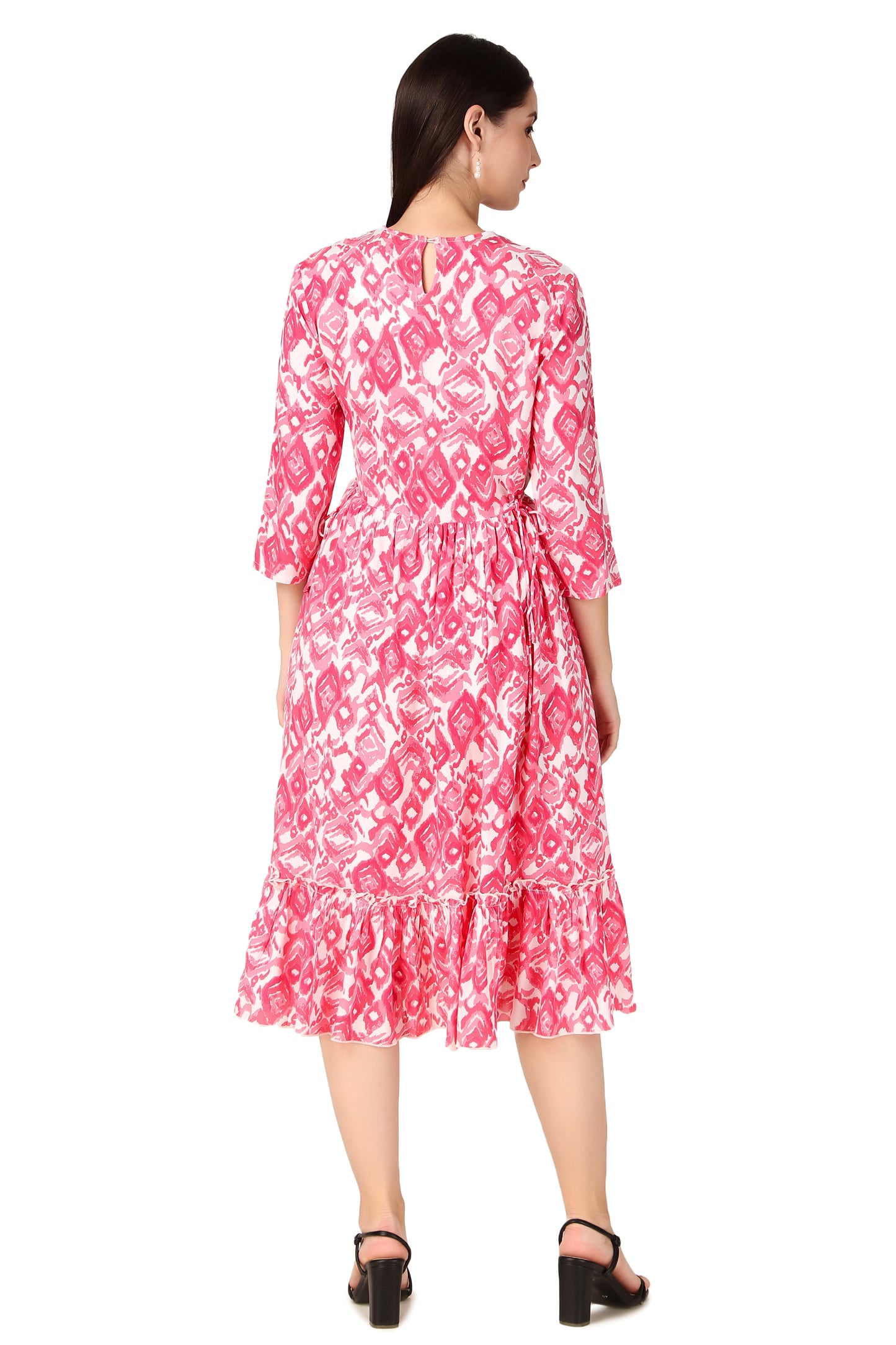 BoheeWohee Women A-Line Viscose Rayon Ethnic Midi Kurti Dress with Side Ties- Brink Pink