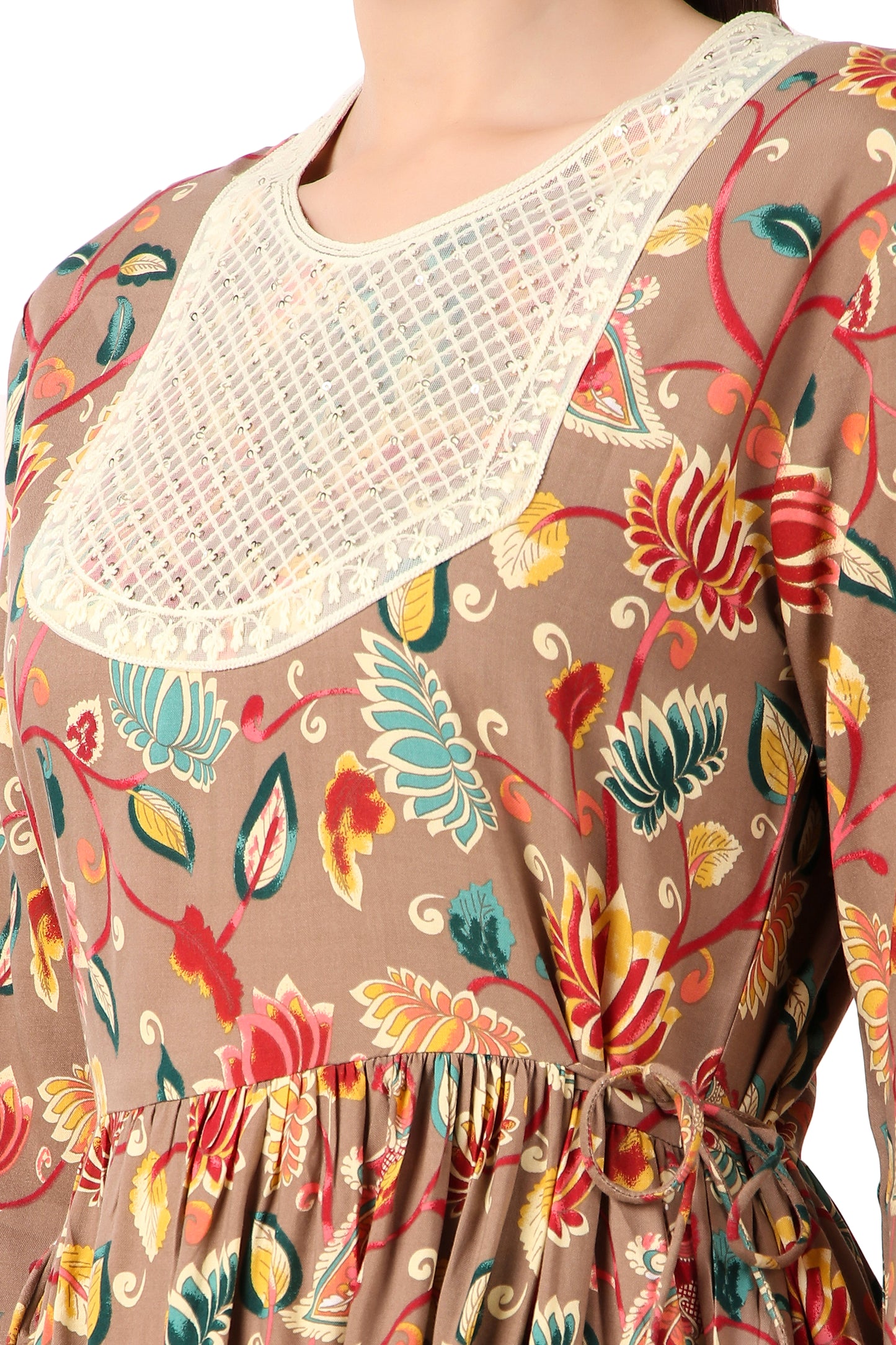 BoheeWohee Women A-Line Viscose Rayon Ethnic Midi Kurti Dress with Side Ties- Cameo