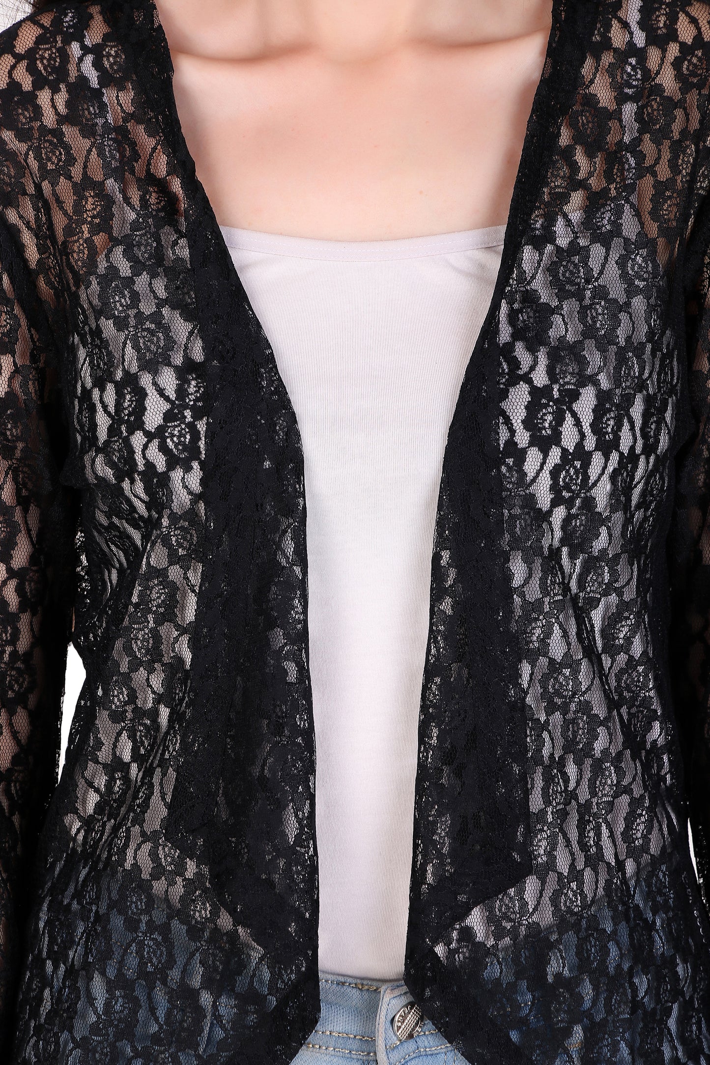 BoheeWohee Women's Floral Self Design Lace Shrug with Double Bell Sleeves- Black