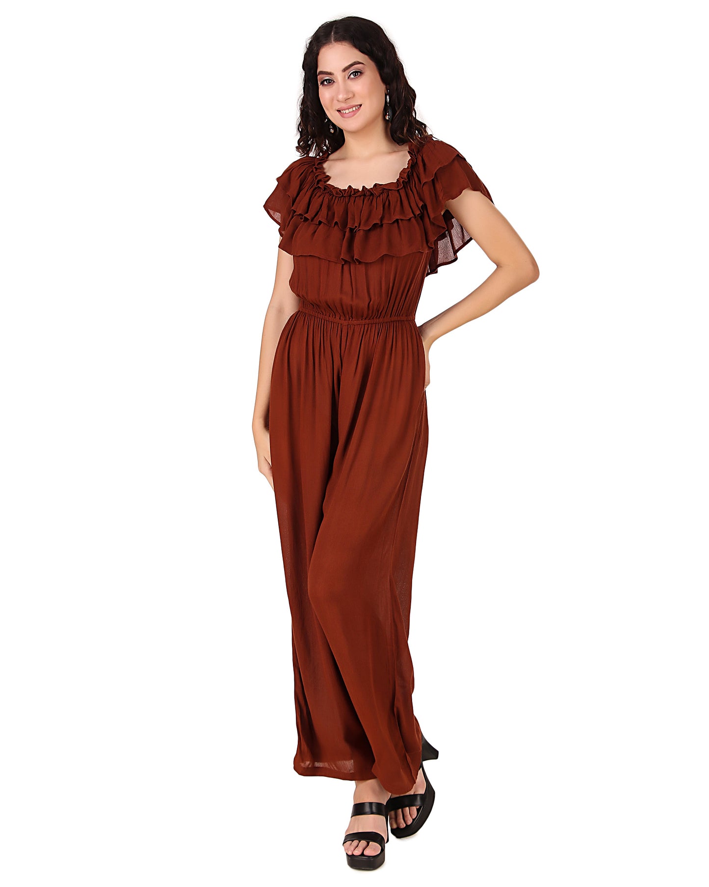 BoheeWohee Women's Off-Shoulder Jumpsuit with Double Frills and Pockets-Chocolate