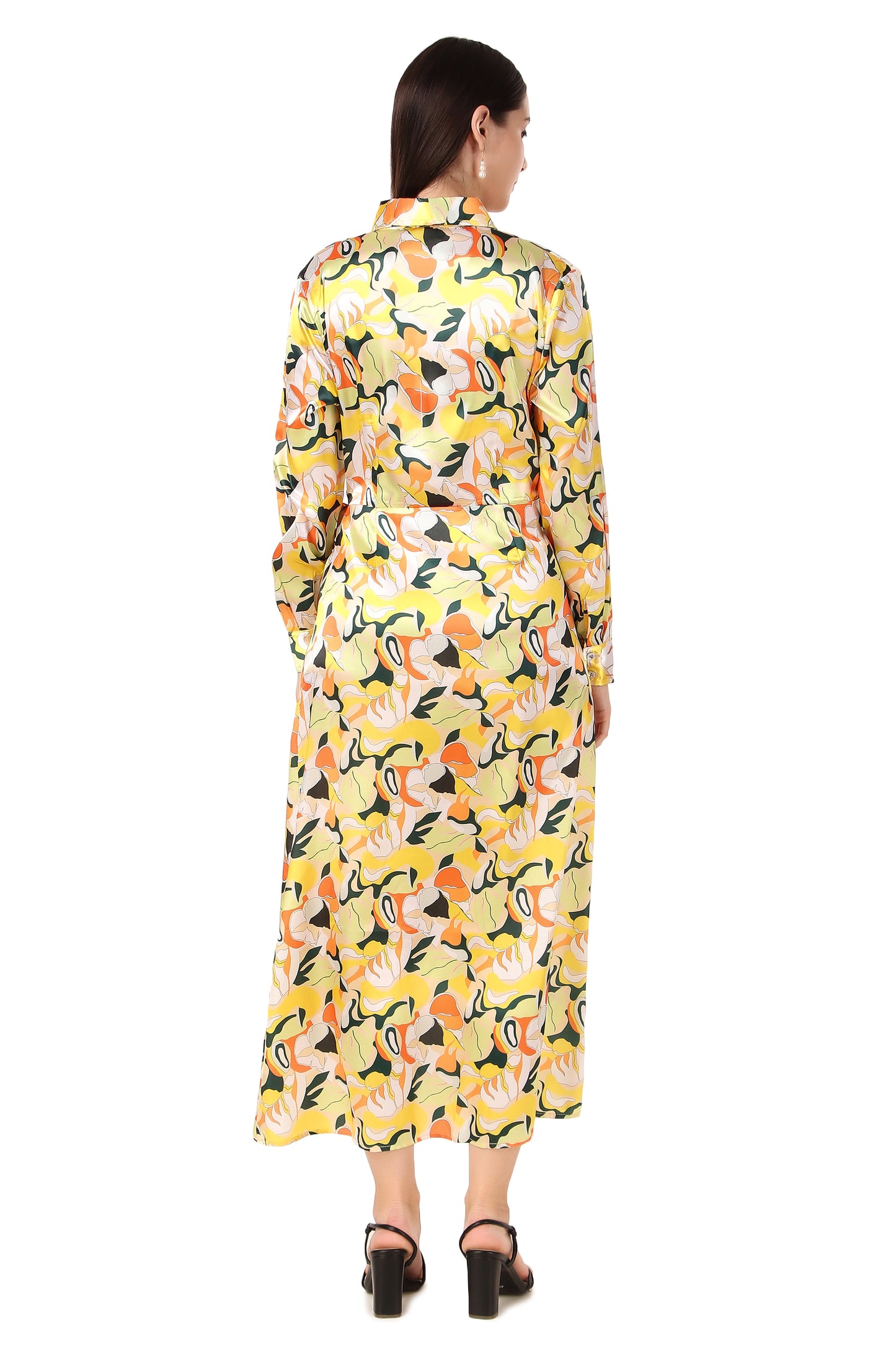 BoheeWohee Soft Satin Shirt Midi Dress - Printed Yellow