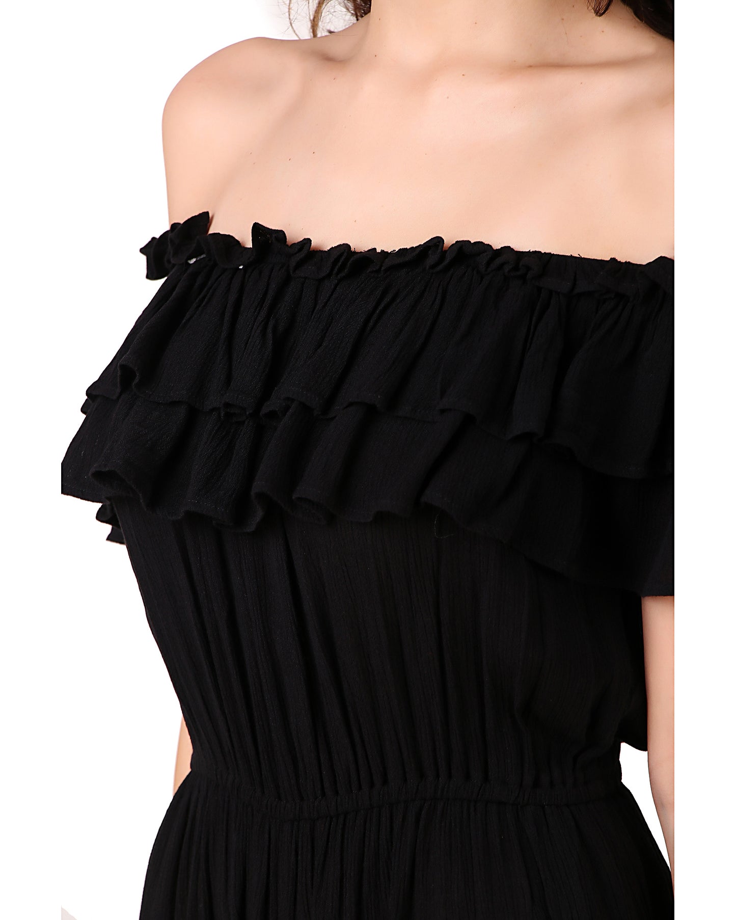 BoheeWohee Women's Off-Shoulder Jumpsuit with Double Frills and Pockets-Black