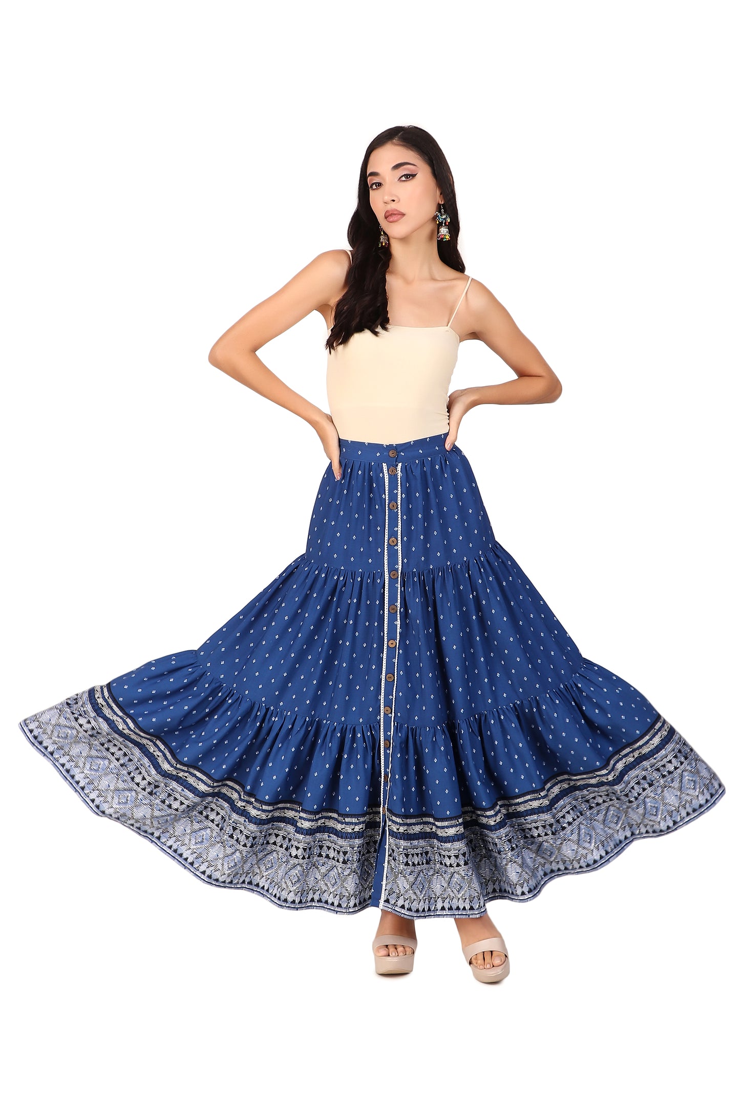 BoheeWohee Boho Tiered Skirt in Soft Fabric with Front Button Opening Midnight Blue