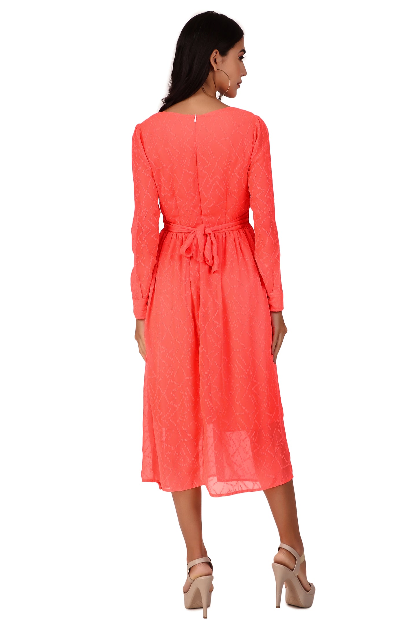 BoheeWohee Casual Dress in Chiffon with Sweetheart Neckline and Long Sleeves- Red