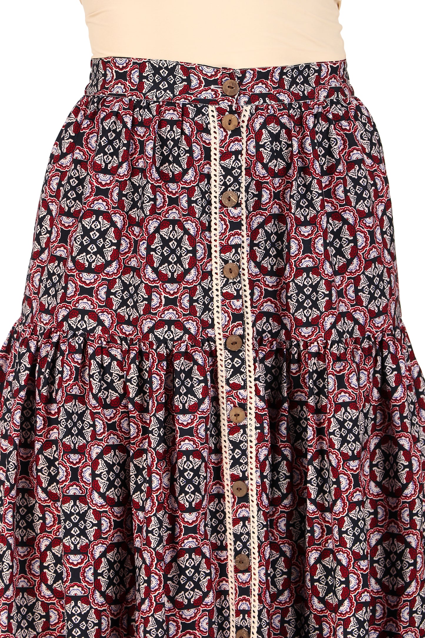 BoheeWohee Boho Tiered Skirt in Soft Fabric with Front Button Opening - Kaleidoscope