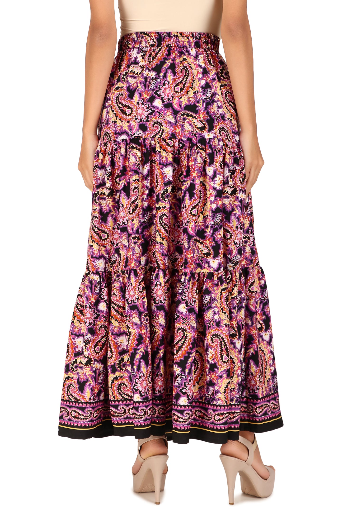 BoheeWohee Boho Tiered Skirt in Soft Fabric with Front Button Opening - Fiery Paisley