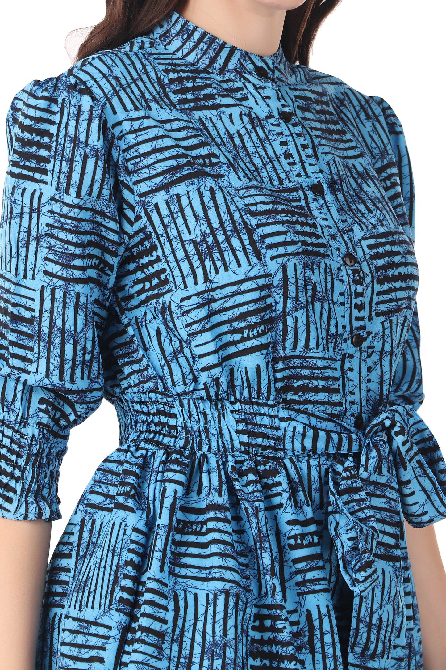 BoheeWohee Midi Dress with Elastic Waist & Front Tie Belt- Danube Blue