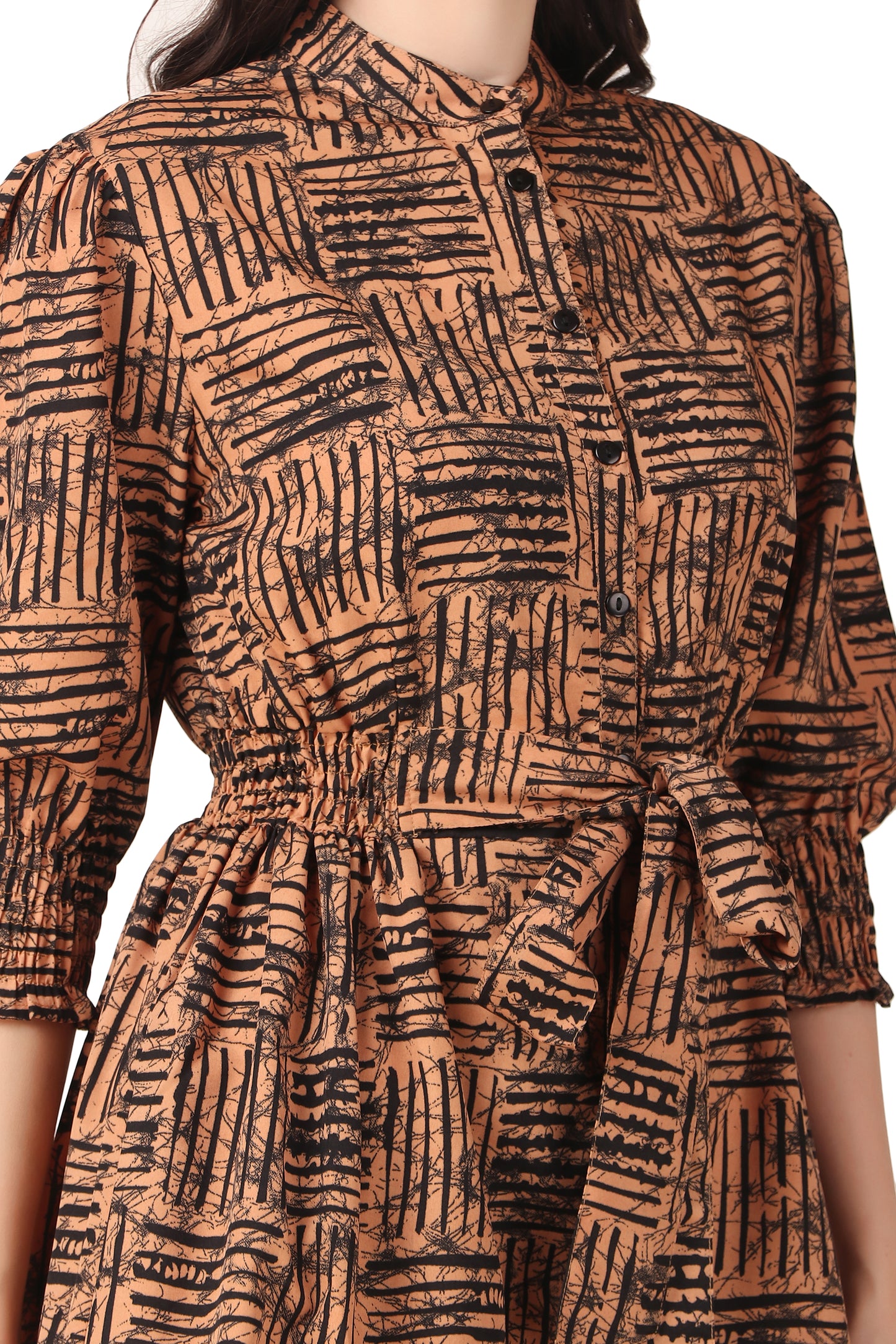 BoheeWohee Midi Dress with Elastic Waist & Front Tie Belt- Wood Brown