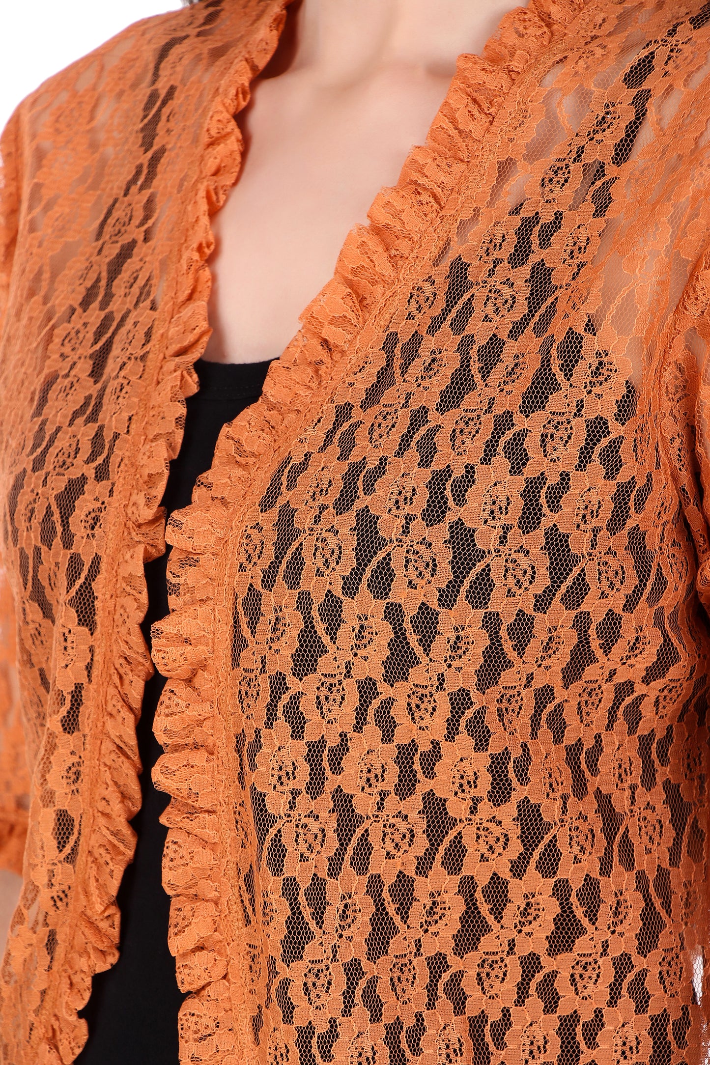 BoheeWohee Women's Floral Lace Shrug with Frill Accents - Orange