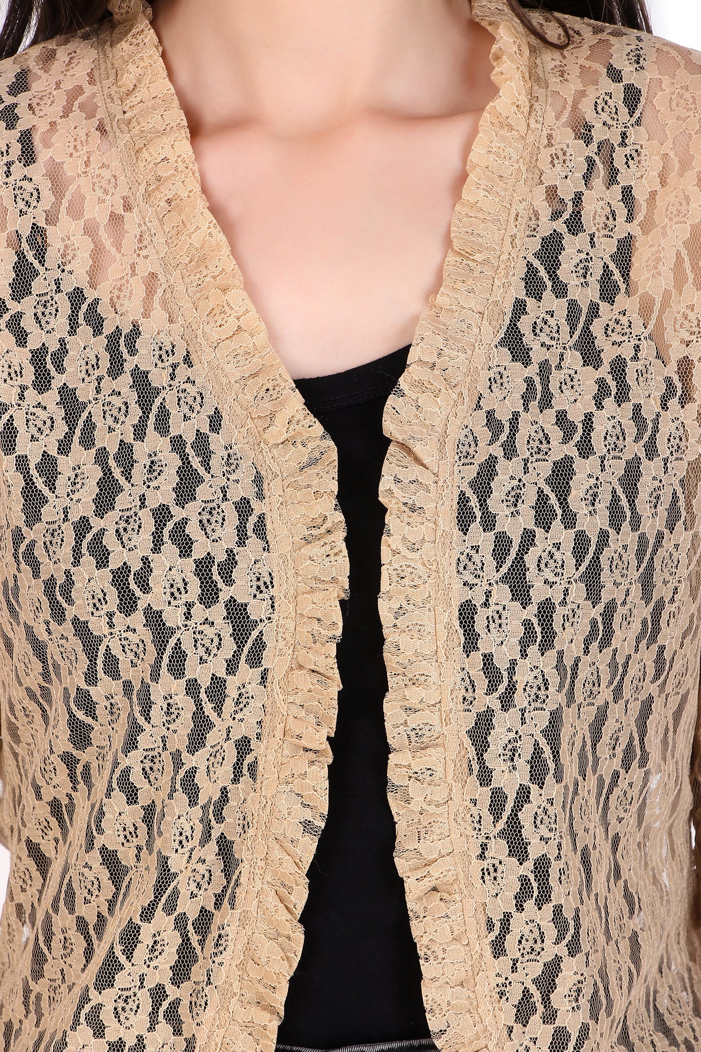 BoheeWohee Women's Floral Lace Shrug with Frill Accents - Almond