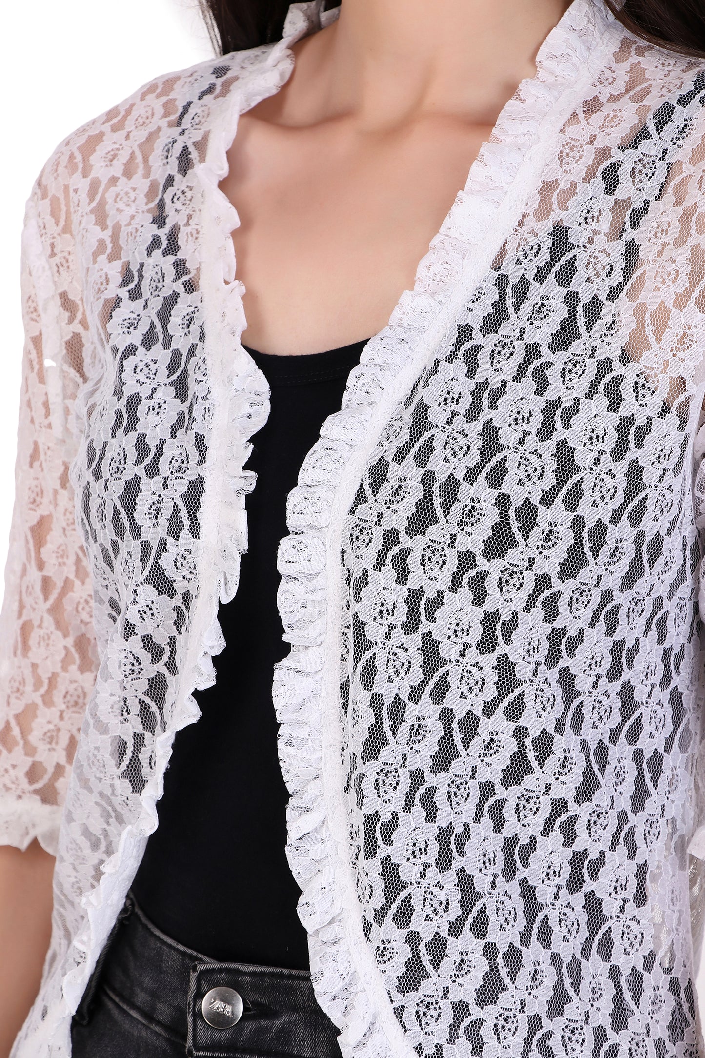 BoheeWohee Women's Floral Lace Shrug with Frill Accents -White