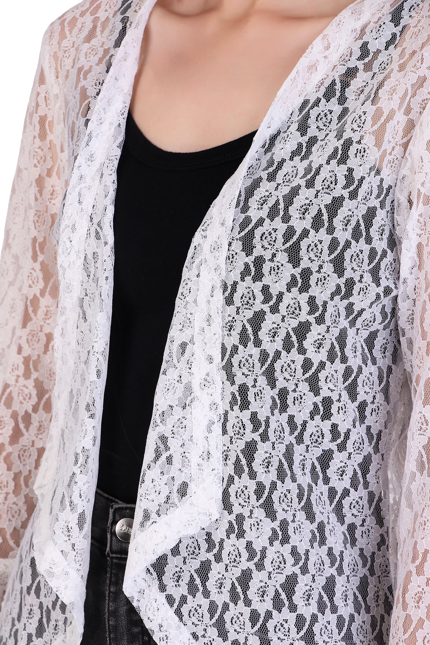 BoheeWohee Women's Floral Self Design Lace Shrug with Double Bell Sleeves-White