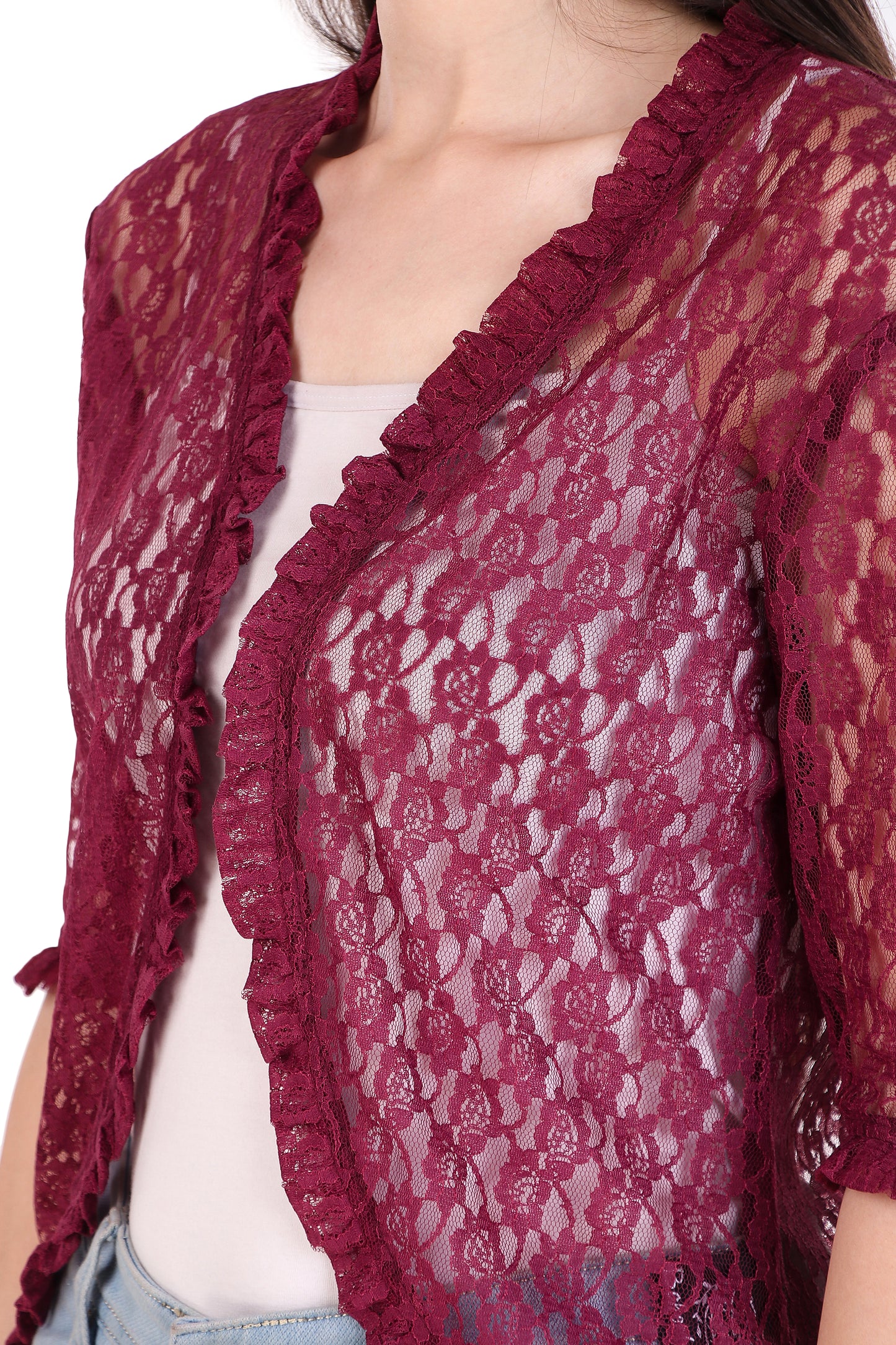 BoheeWohee Women's Floral Lace Shrug with Frill Accents - Aubergine