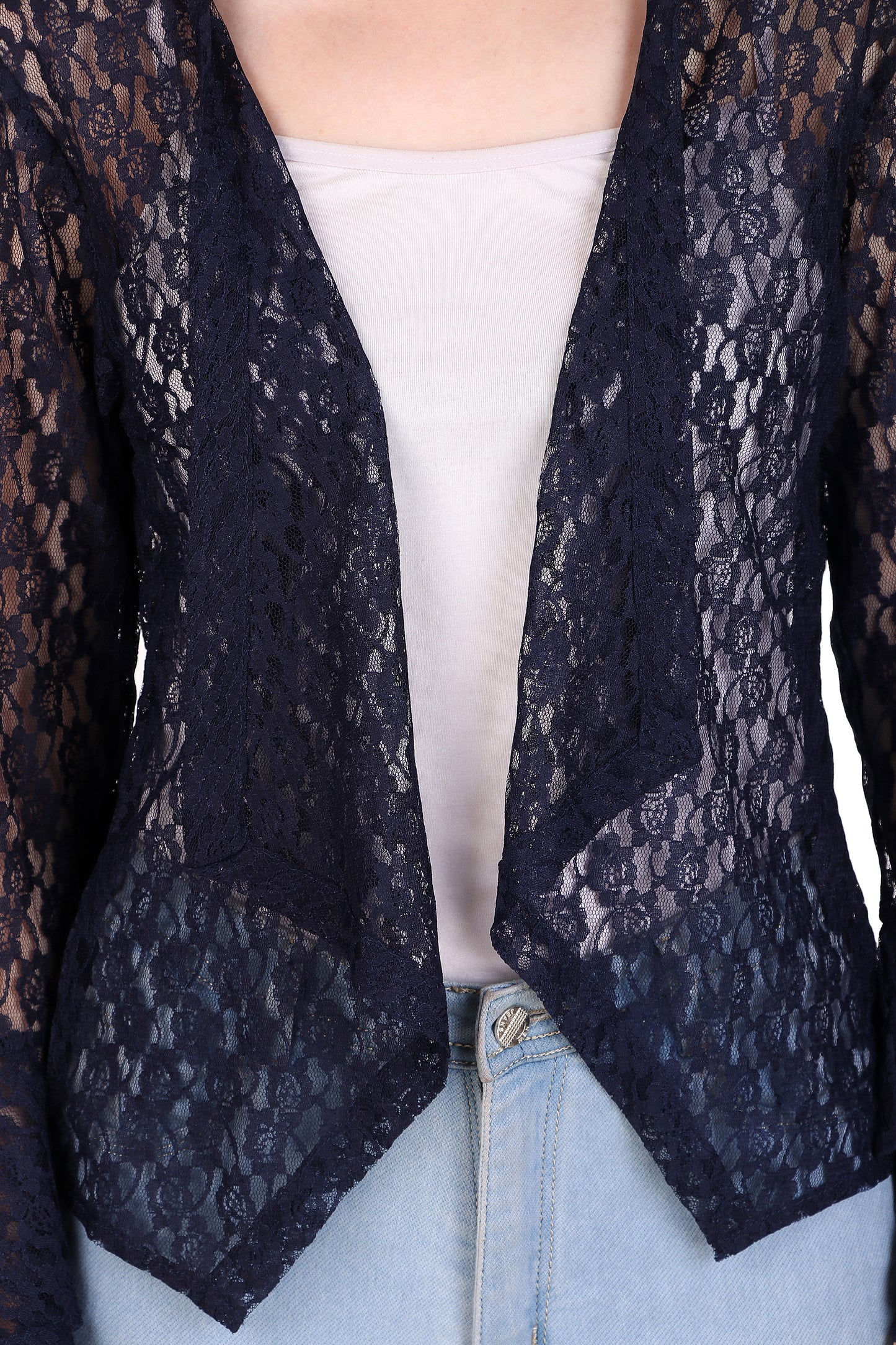 BoheeWohee Women's Floral Self Design Lace Shrug with Double Bell Sleeves- Navy