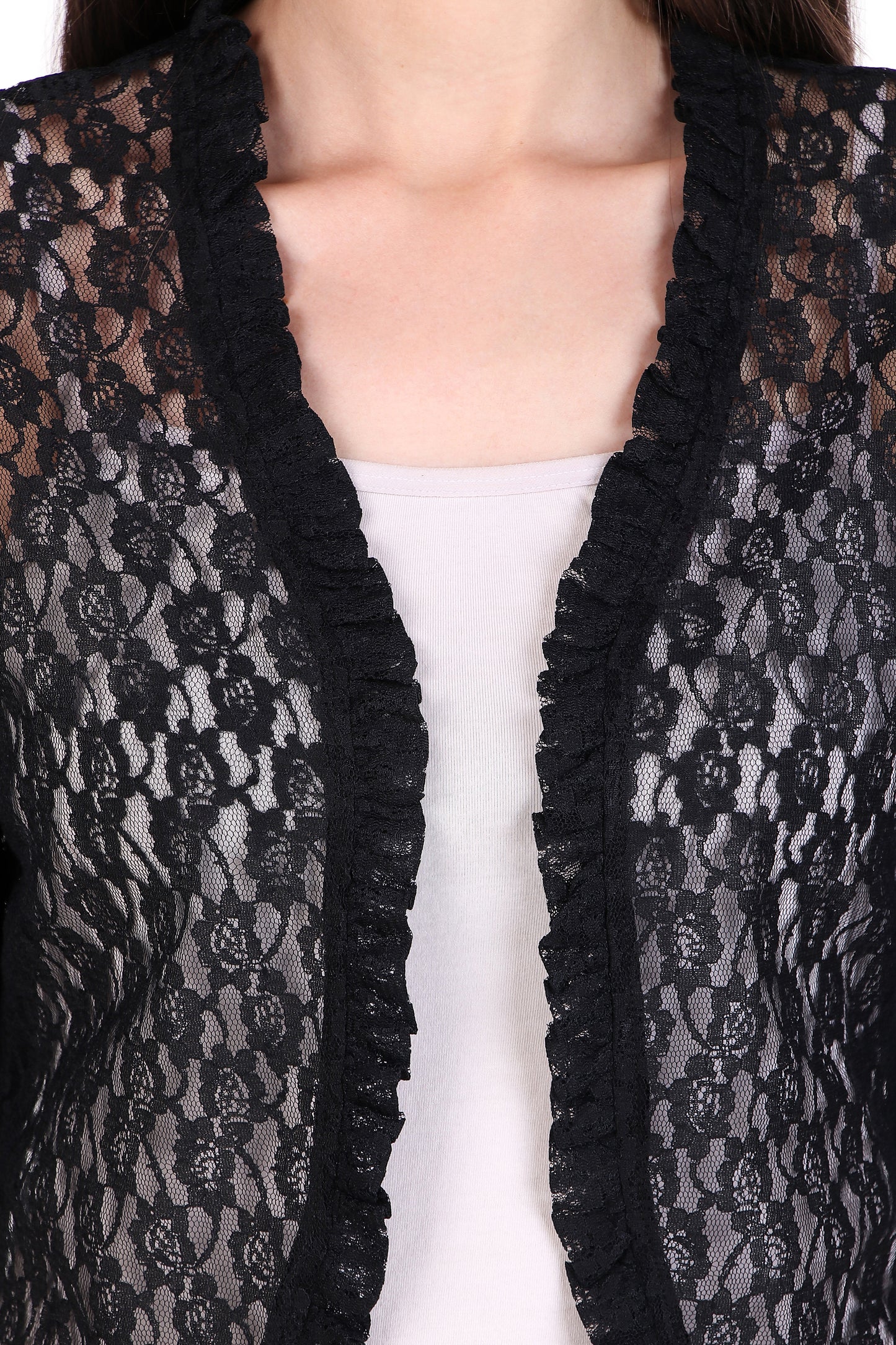 BoheeWohee Women's Floral Lace Shrug with Frill Accents - Black