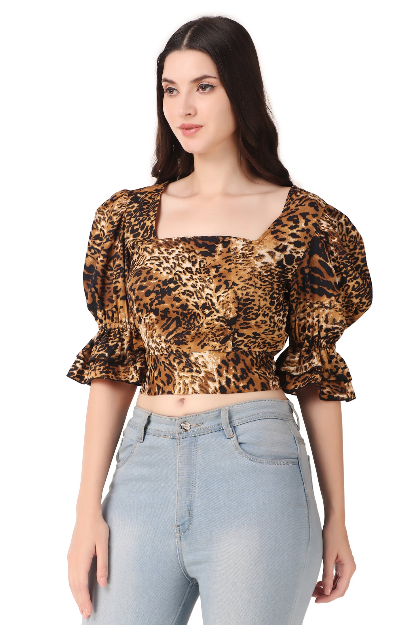 animal print puff sleeve top