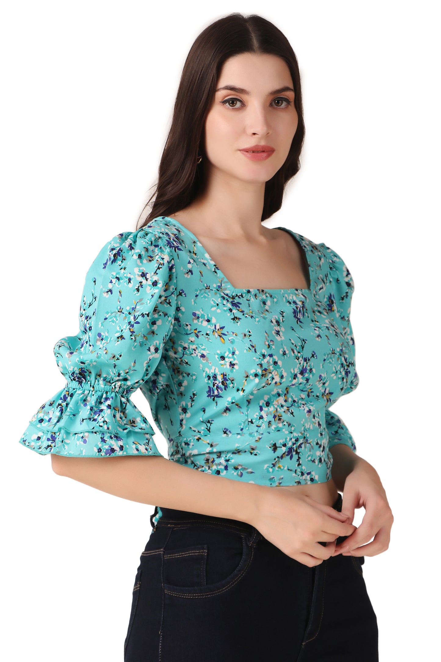 blue puff sleeve top