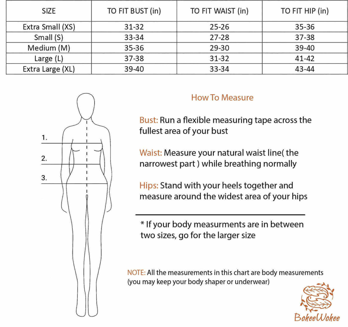SIZE CHART OF BOHEEWOHEE