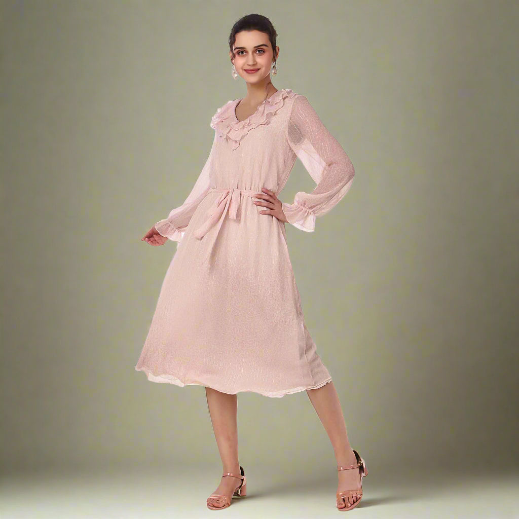 BoheeWohee Women Midi Full Sleeves Printed Ruffle Neck Chiffon Dress