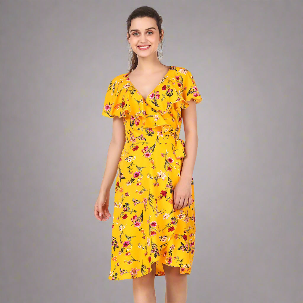 BoheeWohee Women's Viscose Wrap-Around Dress- Yellow Floral
