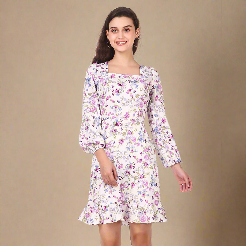 BoheeWohee Women's Mid-thigh Dress with Shirring Elastic Bottom Frill- White Floral