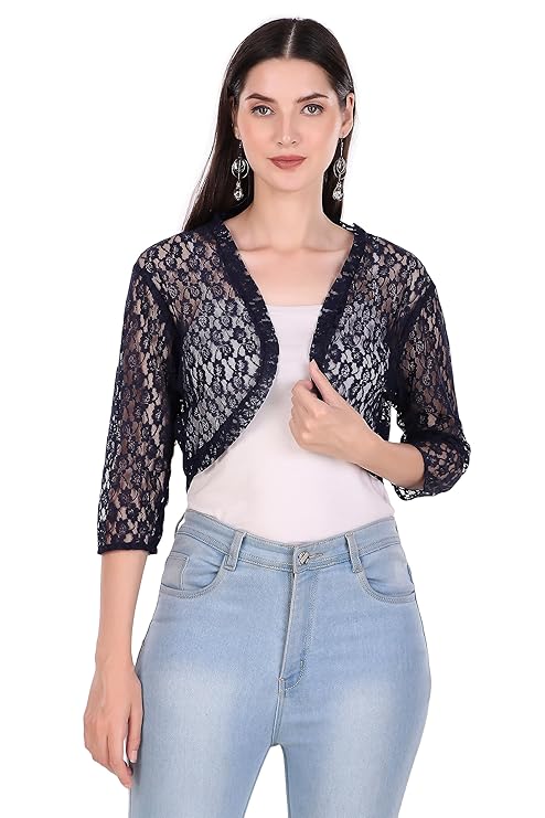 BoheeWohee Women's Floral Lace Short Sleeve Shrug- Navy