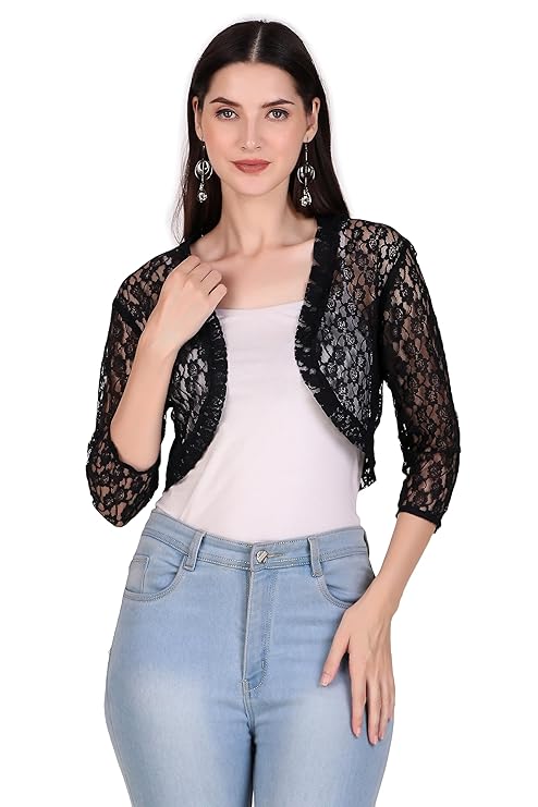 BoheeWohee Women's Floral Lace Short Sleeve Shrug- Black