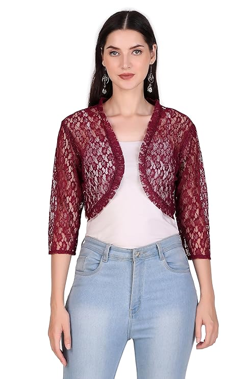 BoheeWohee Women's Floral Lace Short Sleeve Shrug- Aubergine