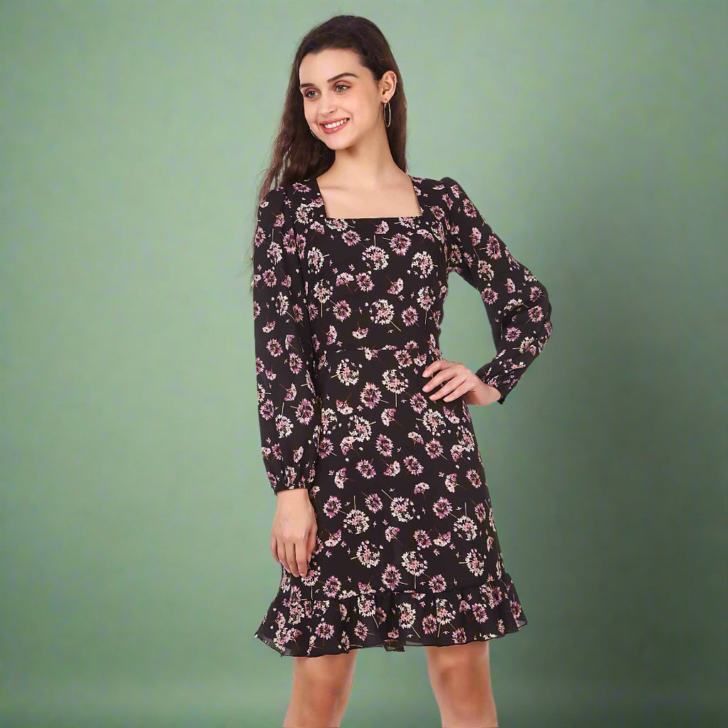 BoheeWohee Women's Mid-thigh Dress with Shirring Elastic Bottom Frill- Black Floral