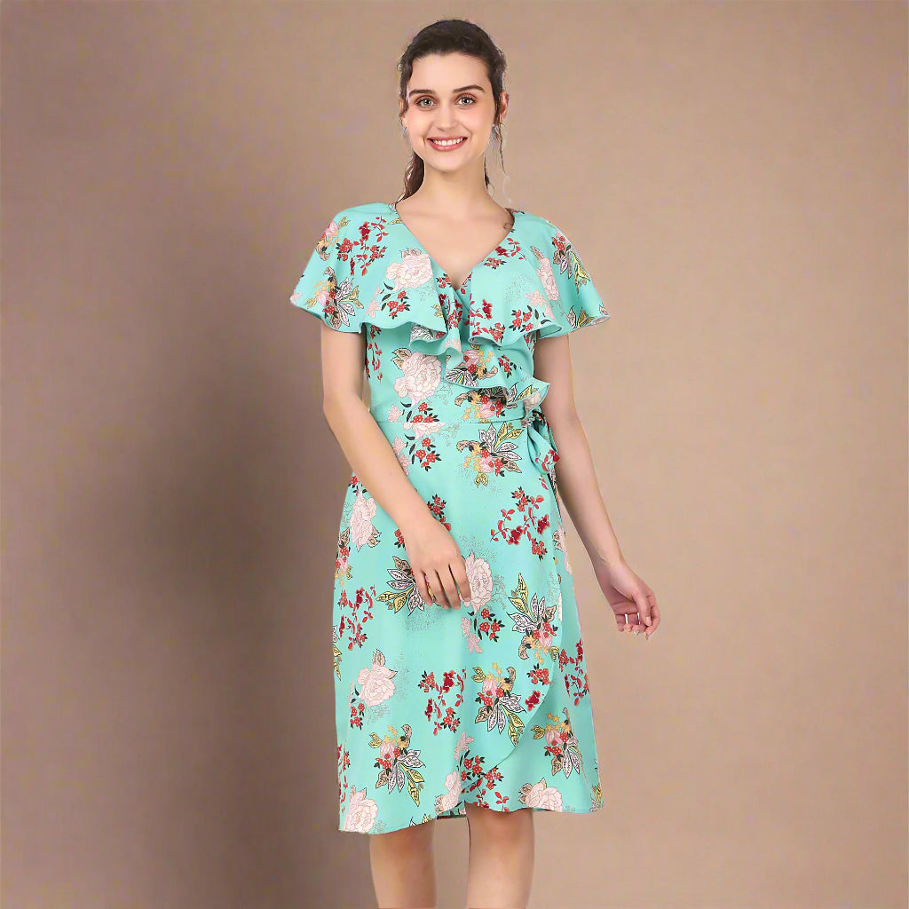 BoheeWohee Women's Viscose Wrap-Around Dress- Green Floral