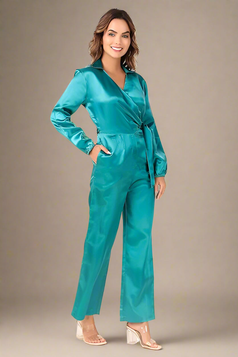 BoheeWohee Soft Satin Jumpsuit with Front Overlapping