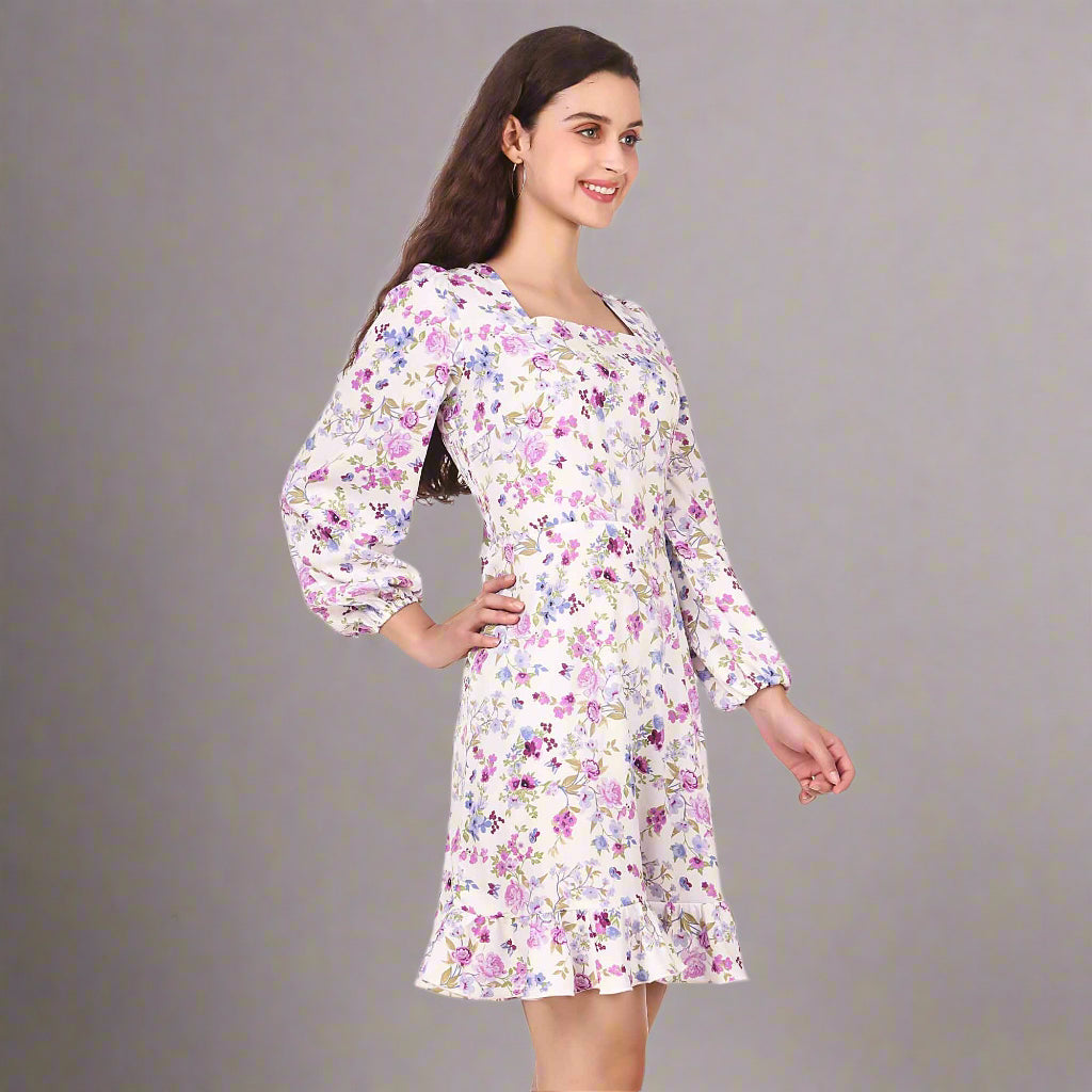 BoheeWohee Women's Mid-thigh Dress with Shirring Elastic Bottom Frill- White Floral