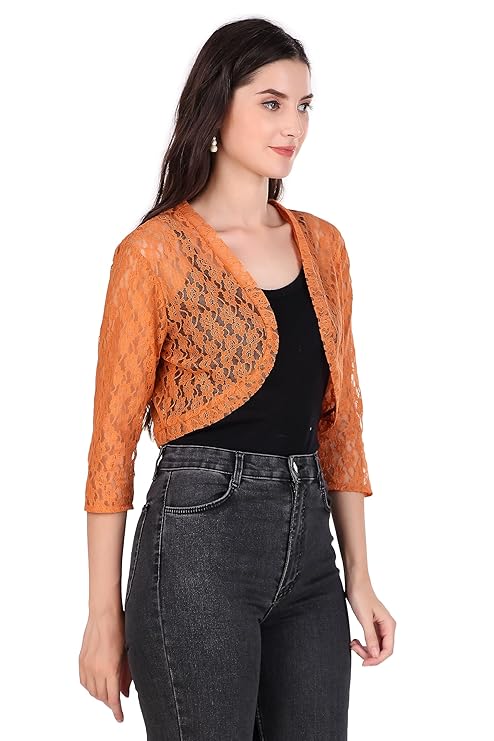 BoheeWohee Women's Floral Lace Short Sleeve Shrug- Orange