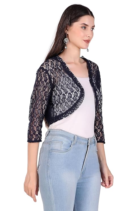 BoheeWohee Women's Floral Lace Short Sleeve Shrug- Navy
