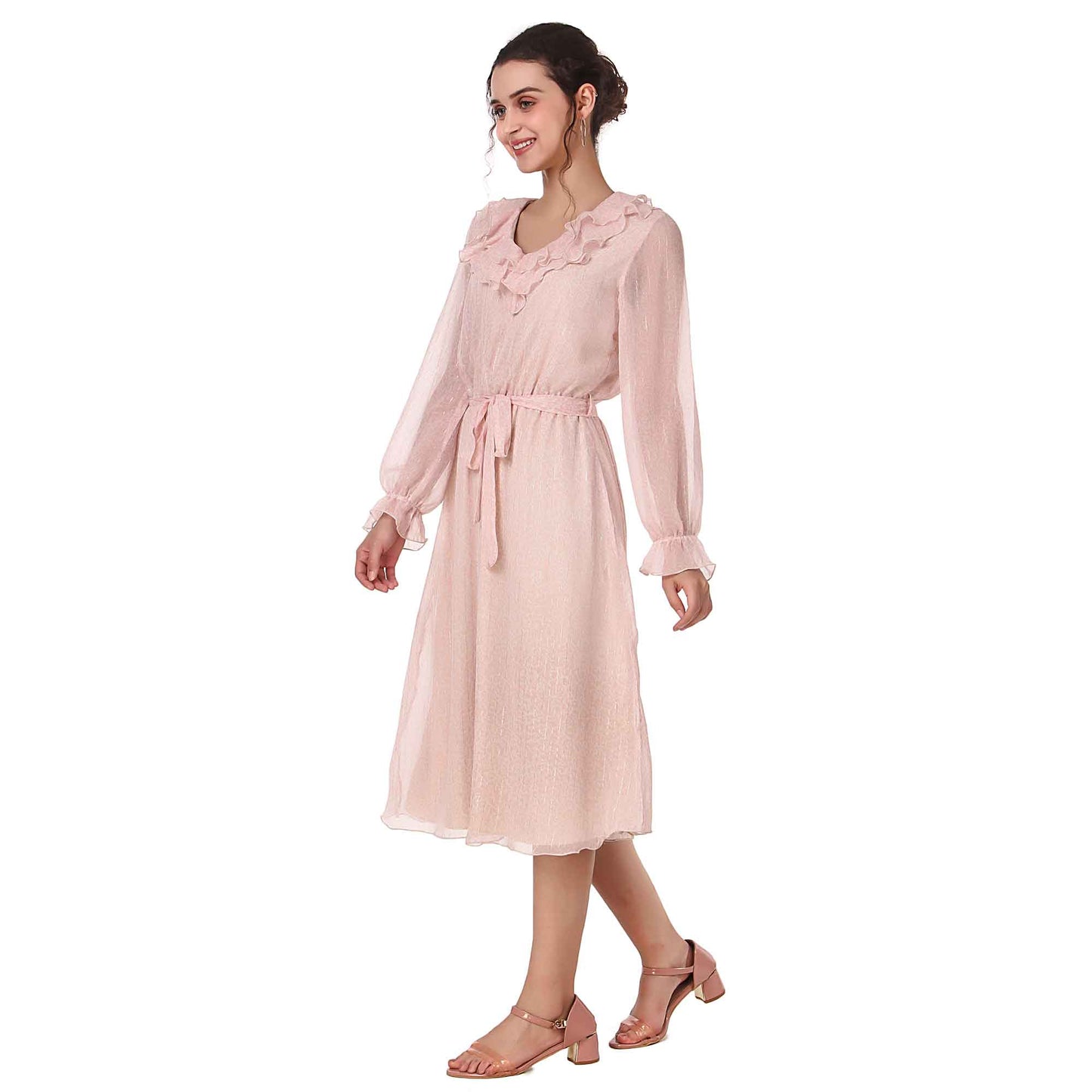 BoheeWohee Women Midi Full Sleeves Printed Ruffle Neck Chiffon Dress