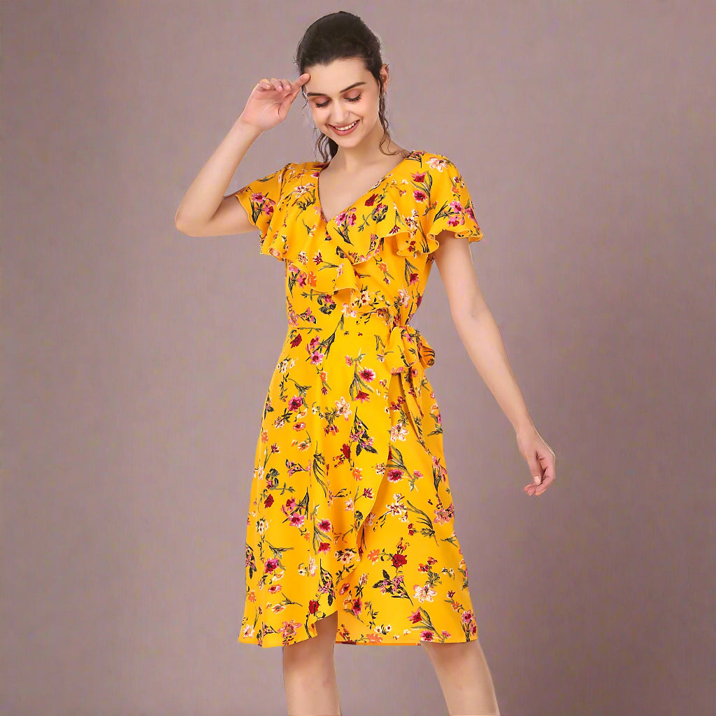 BoheeWohee Women's Viscose Wrap-Around Dress- Yellow Floral