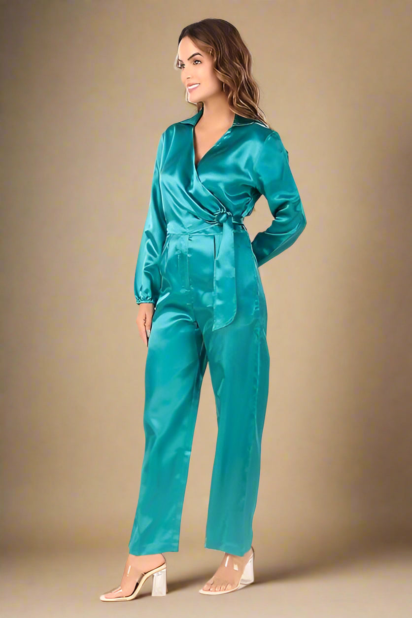 BoheeWohee Soft Satin Jumpsuit with Front Overlapping