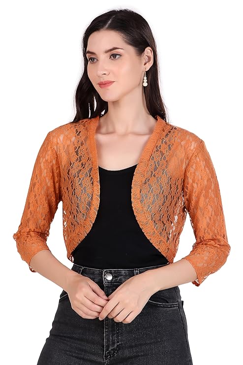 BoheeWohee Women's Floral Lace Short Sleeve Shrug- Orange