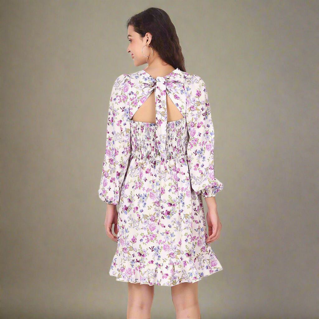 BoheeWohee Women's Mid-thigh Dress with Shirring Elastic Bottom Frill- White Floral