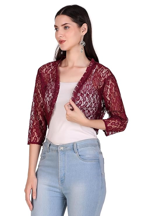 BoheeWohee Women's Floral Lace Short Sleeve Shrug- Aubergine