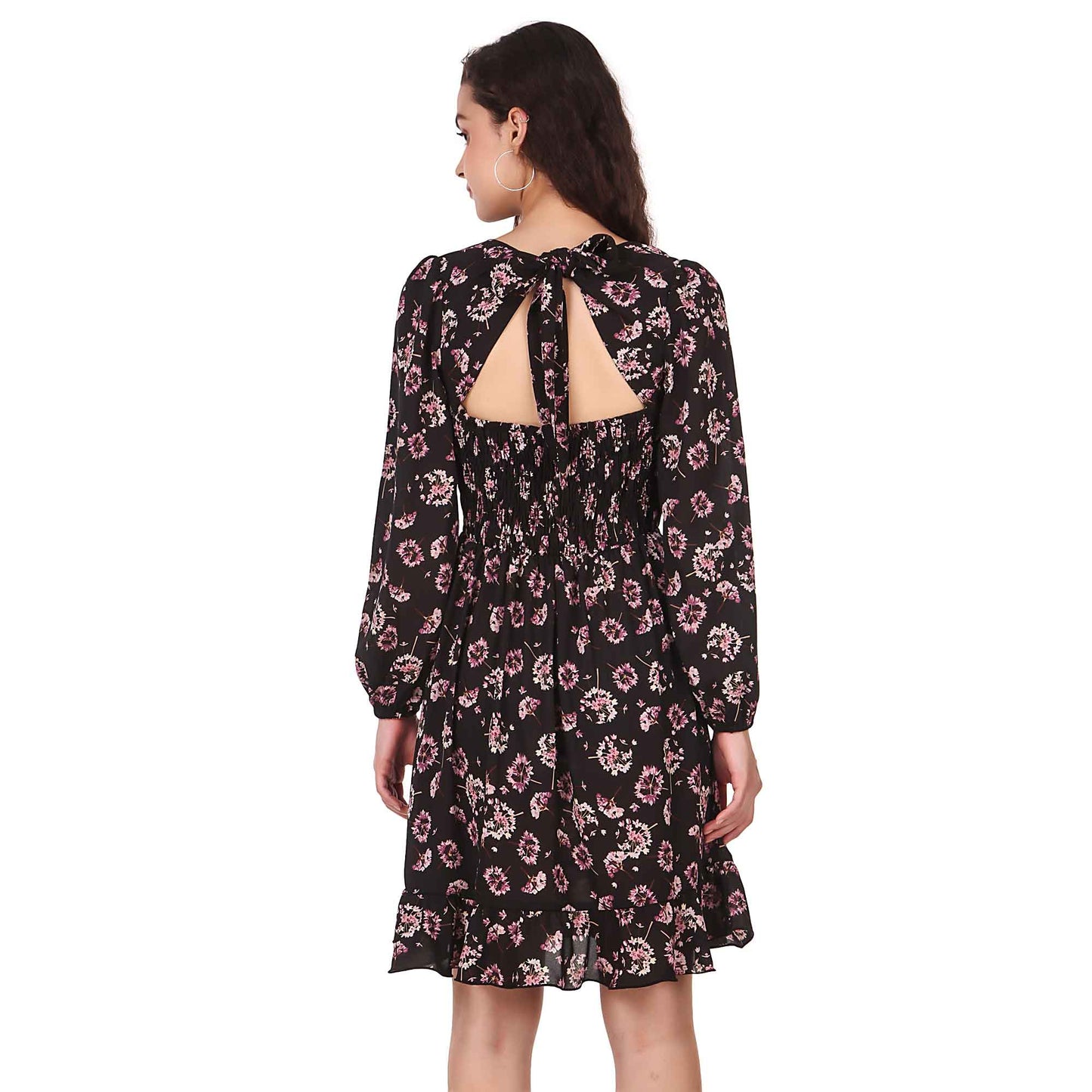 BoheeWohee Women's Mid-thigh Dress with Shirring Elastic Bottom Frill- Black Floral