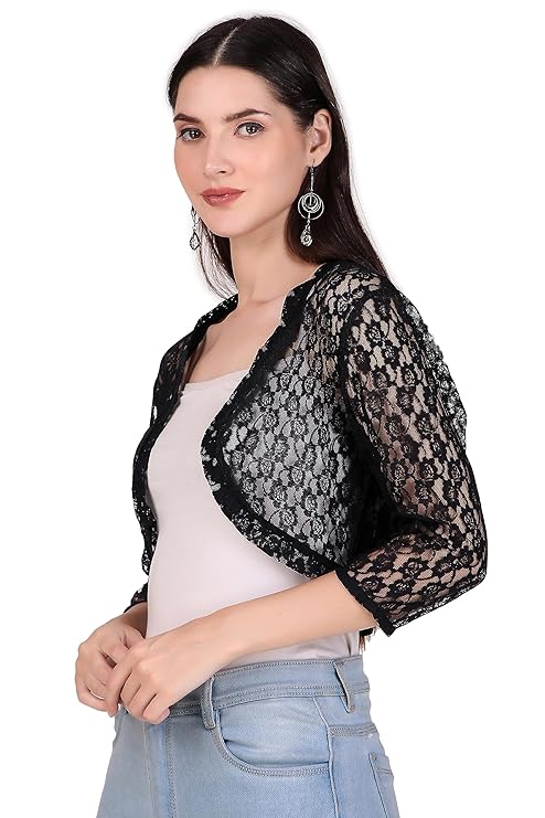 BoheeWohee Women's Floral Lace Short Sleeve Shrug- Black