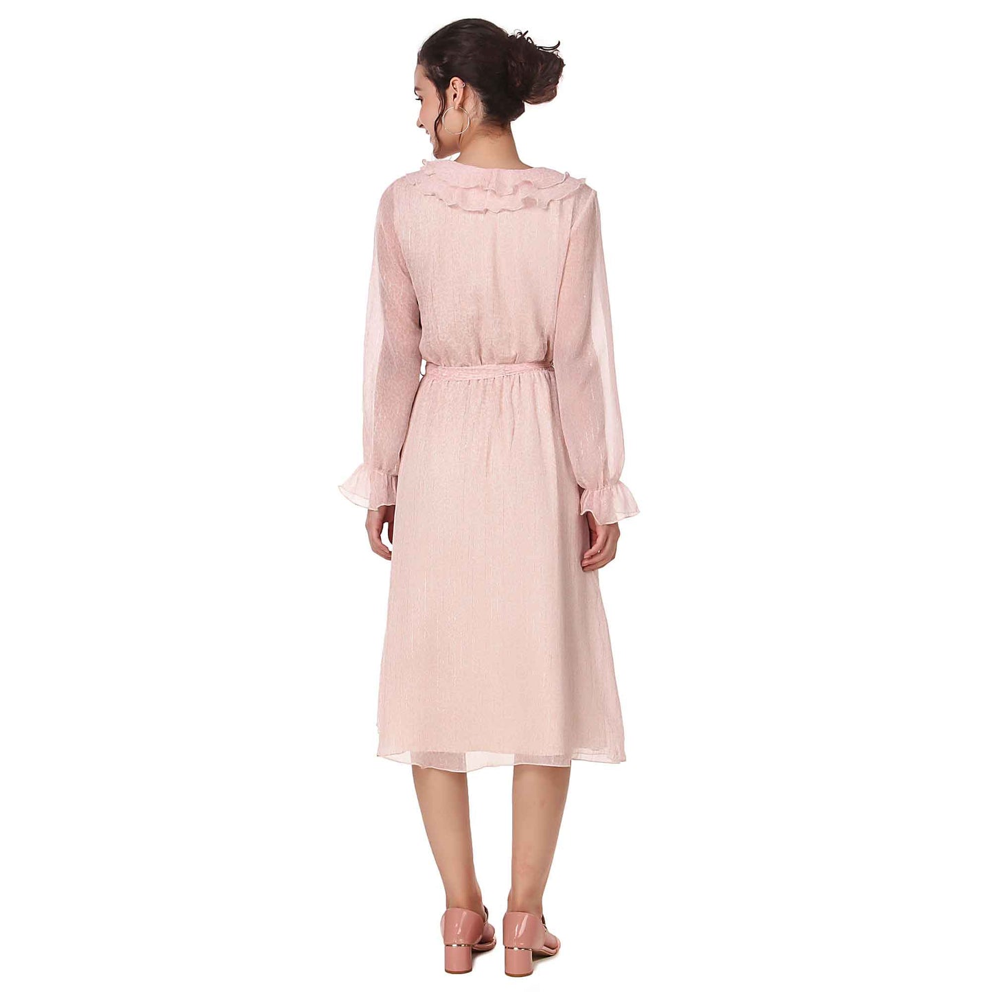 BoheeWohee Women Midi Full Sleeves Printed Ruffle Neck Chiffon Dress