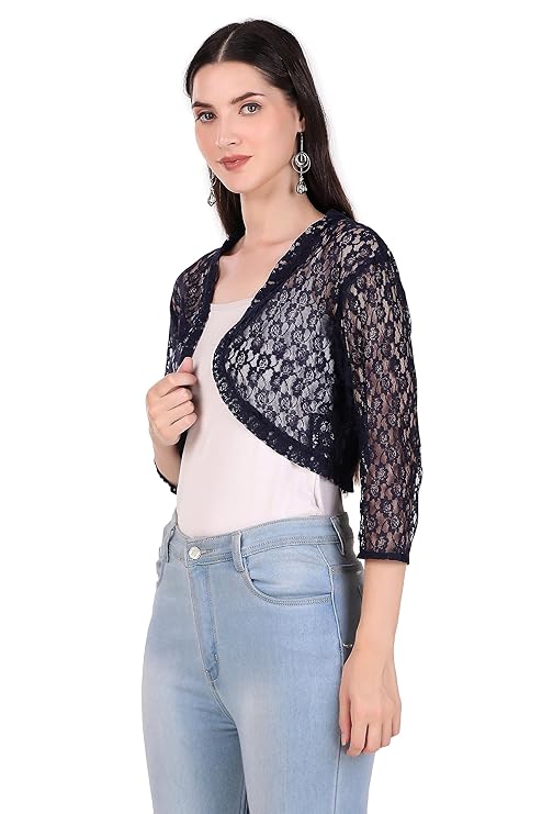 BoheeWohee Women's Floral Lace Short Sleeve Shrug- Navy