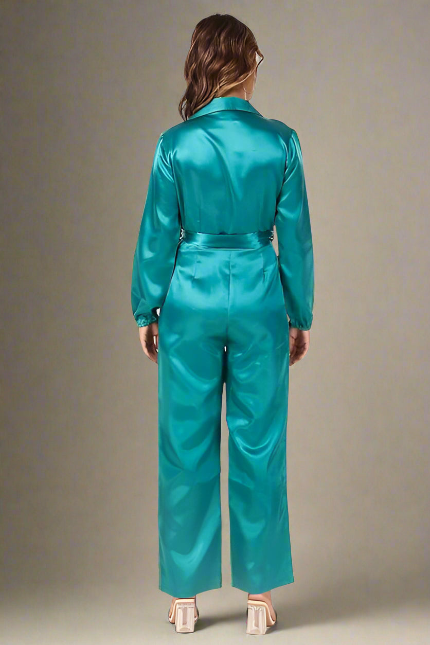 BoheeWohee Soft Satin Jumpsuit with Front Overlapping